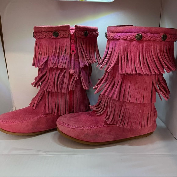 MINNETONKA Moccasin 3 Layer PINK Fringe Suede Boots Shoes Zip Girls 4 •MUST SEE• - Picture 3 of 12
